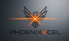 PhoenixXcel official logo: geometric phoenix with an orange laser beam on a dark brushed metal background
